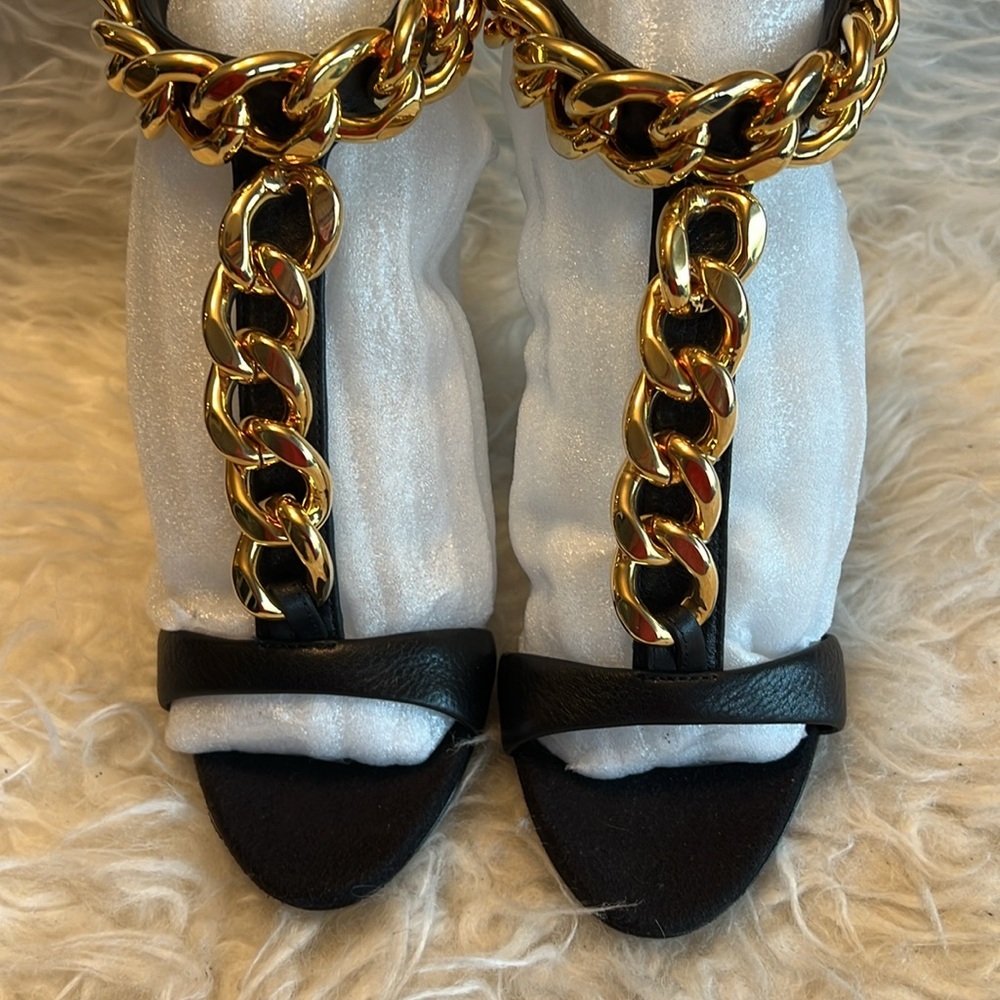 Giuseppe Zanotti Women’s Black Leather Chain Detail T Strap Sandals Size 35 EU - Picture 6 of 16